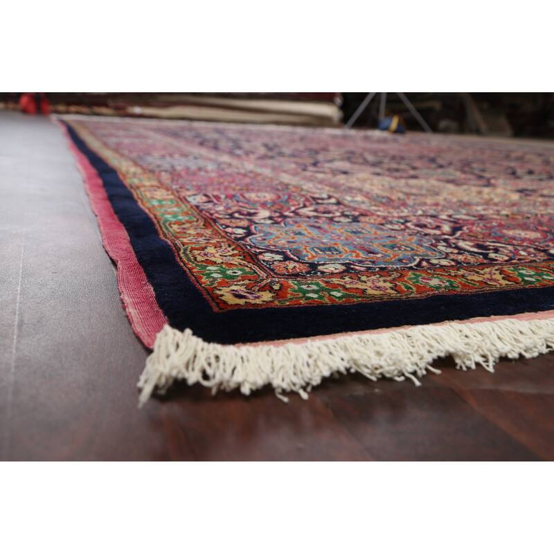 Hand Knotted Oriental 100% Wool Carpet Traditional Floral Navy Blue & Blues Mashad Area Rug - 15' 5'' X 11' 1''