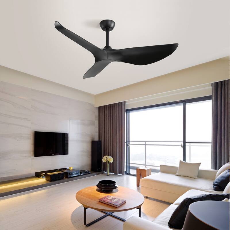 52 Inch Indoor Ceiling Fan No Light, 3 Curved ABS Blades Fan, 6 Speeds Reversible Quiet DC Motor Ceiling Fan - Black