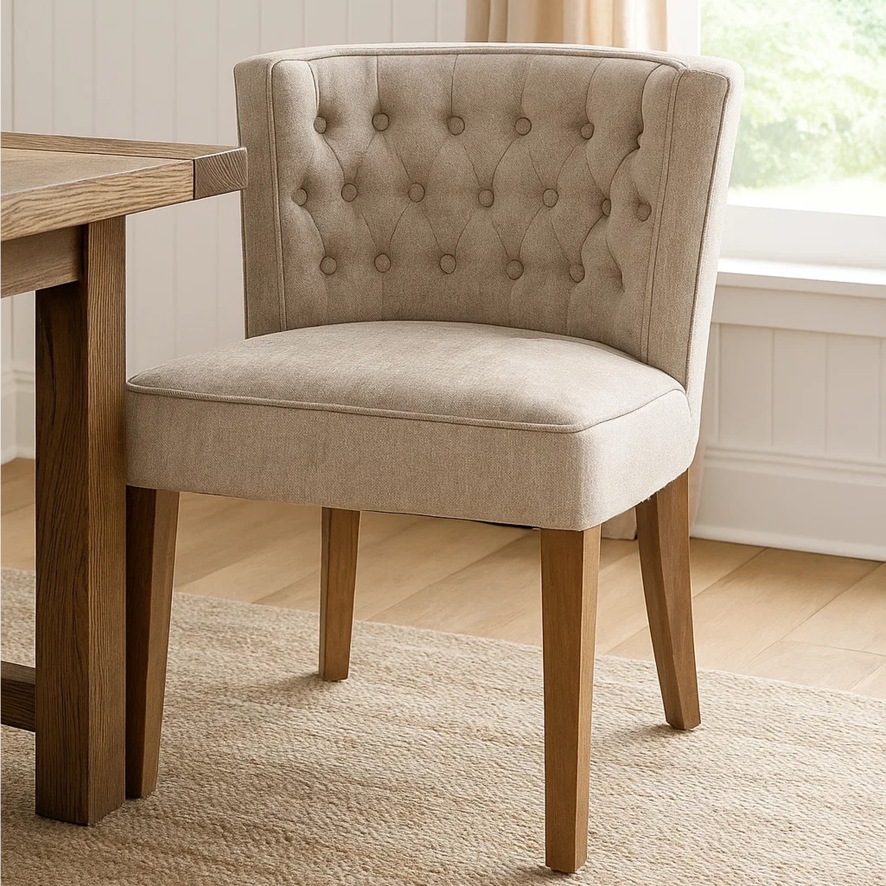 Cly Dining Side Chair Set of 2, Light Gray Fabric, Brown Solid Wood