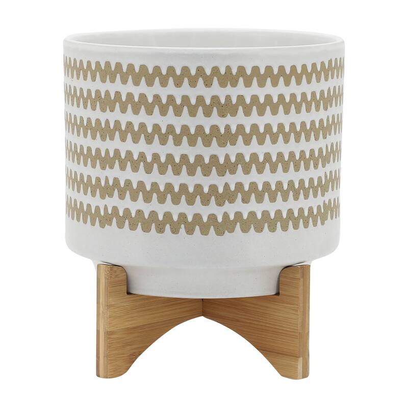 White and Tan Ceramic Handmade Planter with Natural Wood Stand - White