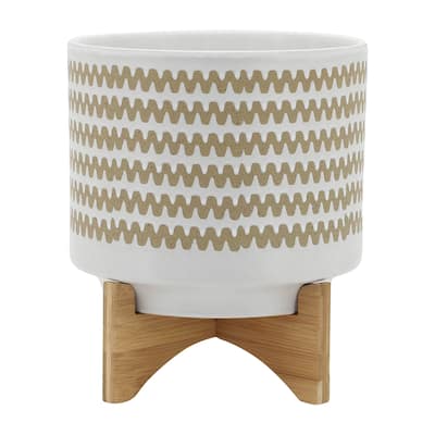 White and Tan Ceramic Handmade Planter with Natural Wood Stand