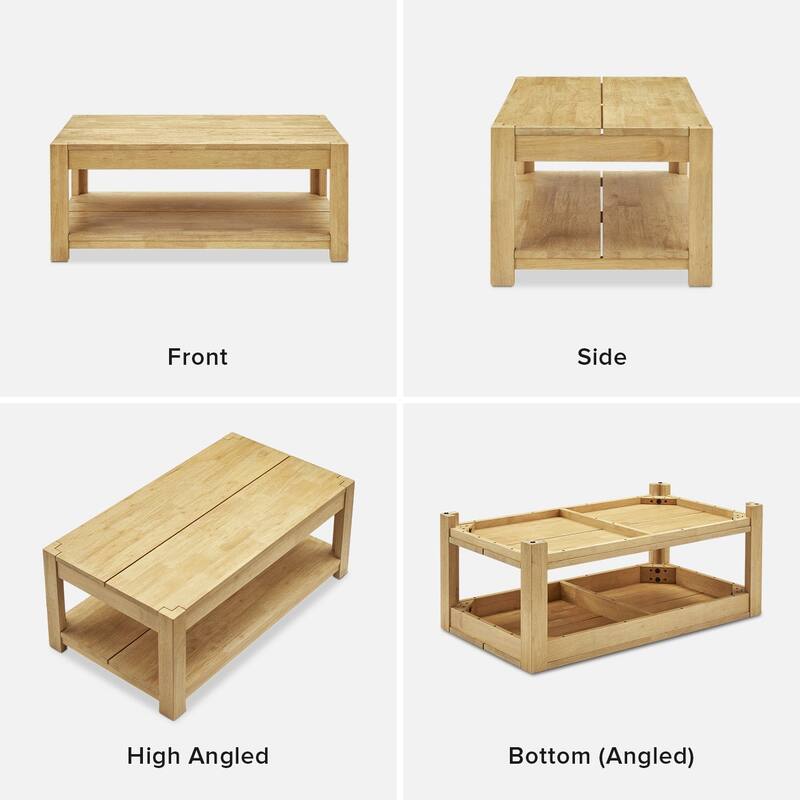 Mopio Logan Solid Wood 2-Tier Coffee Table, Modern Farmhouse Solid Rubberwood with light wire brush L Shaped Leg Joint