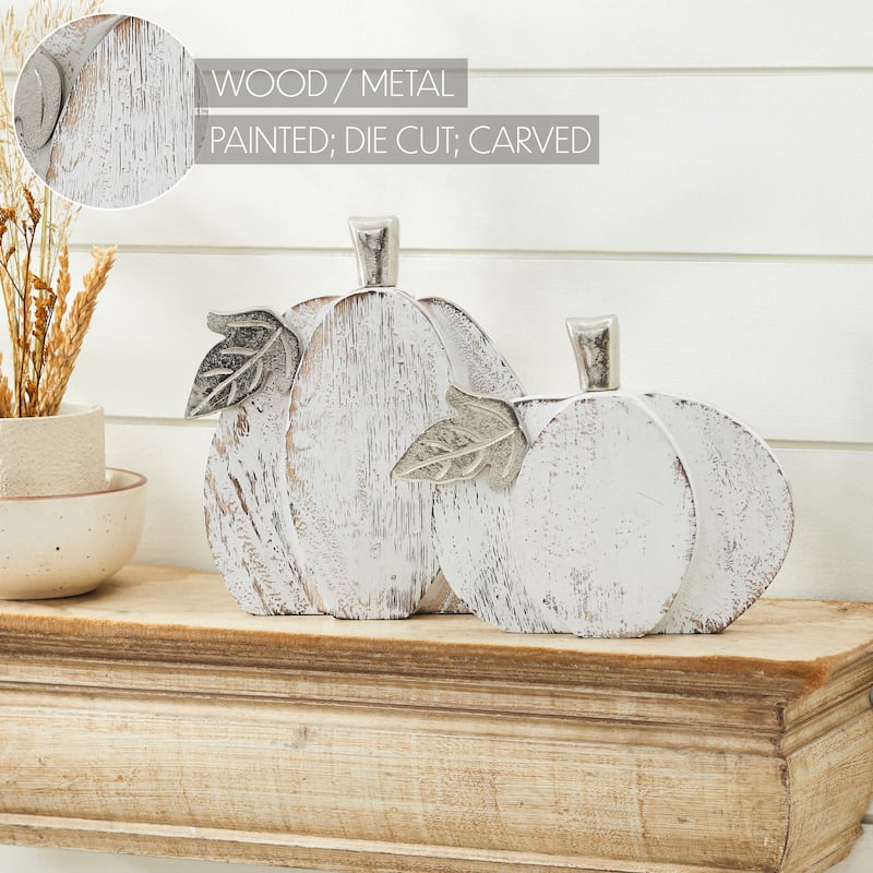 White Wash Farmhouse Wooden Pumpkin Set of 2 - 7 and 9 inch - N/A