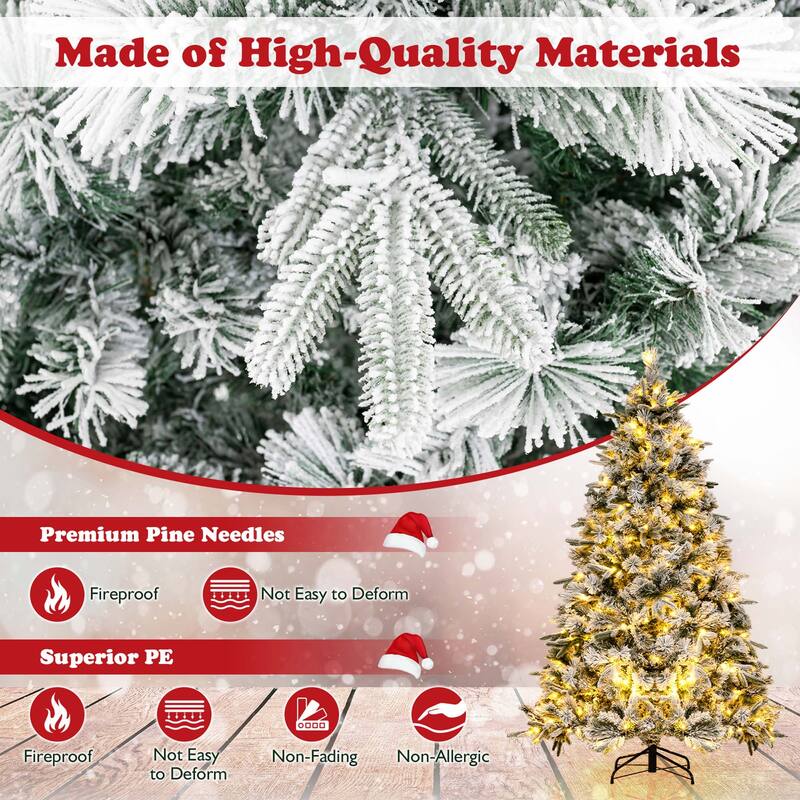 Costway 6/7 FT Pre-Lit Flocked Christmas Tree Hinged Xmas Decoration