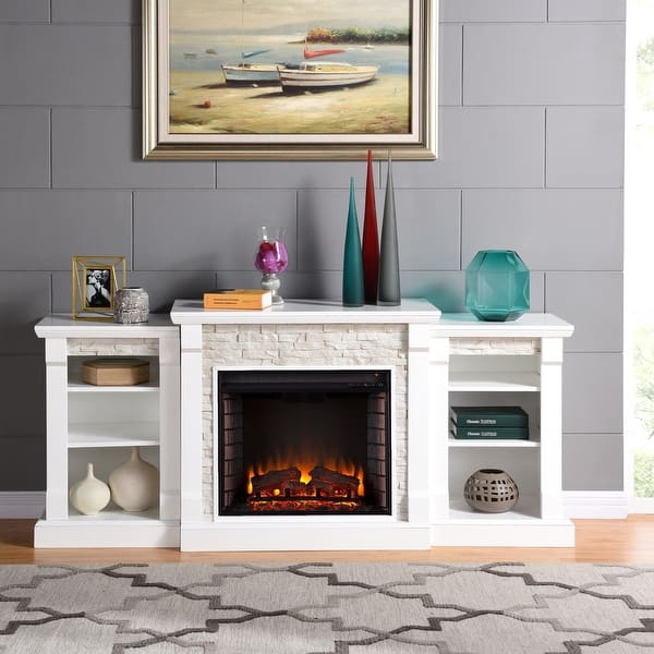 SEI Furniture Remote Controlled LED Electric Fireplace with Mantel in White  Stone and Storage - On Sale - Bed Bath u0026 Beyond - 20882020