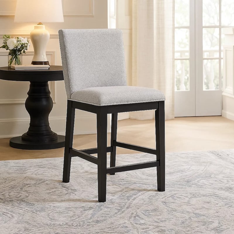Nea Counter Stool Chair Set of 2, Gray Polyester, Dark Brown Wood Frame