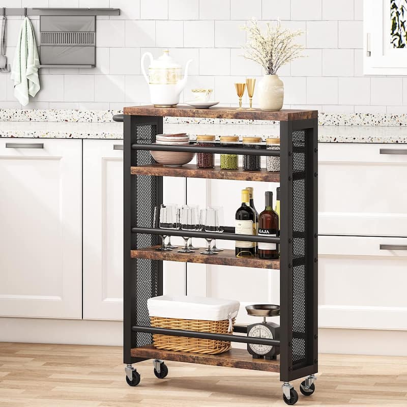 Slim Rolling Utility Carts with Wheels,4-Tier Narrow Kitchen Trolley Cart