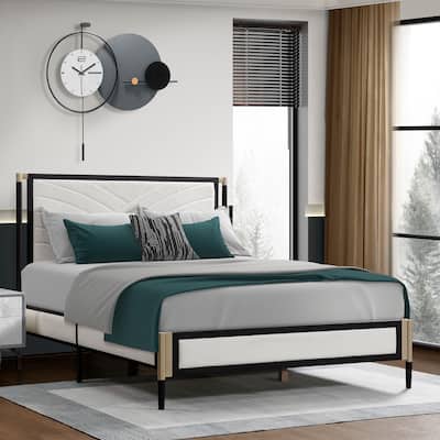 Full Size Boucle Upholstered Platform Bed with Metal Frame and 800lb Capacity