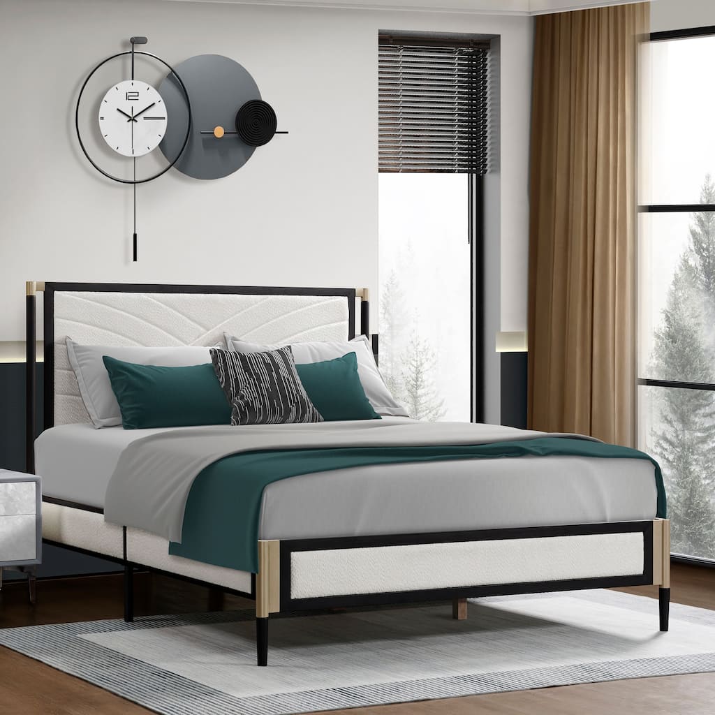 Full size Bed with White Boucle fabric Headboard