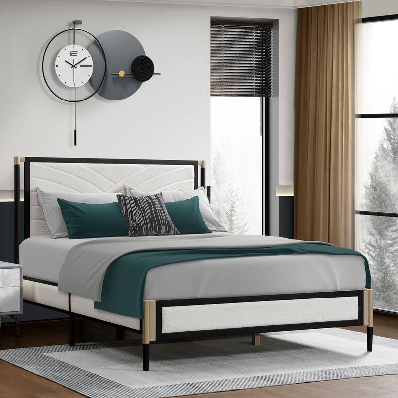 Roomfitters Metal Platform Bed Frame with White Boucle Headboard and Wood Slats, White and Black