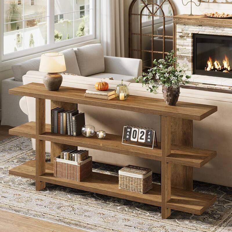 63 Inches Long Console Table with 3-Tier Shelf for Entryway Living Room Hallway - Brown