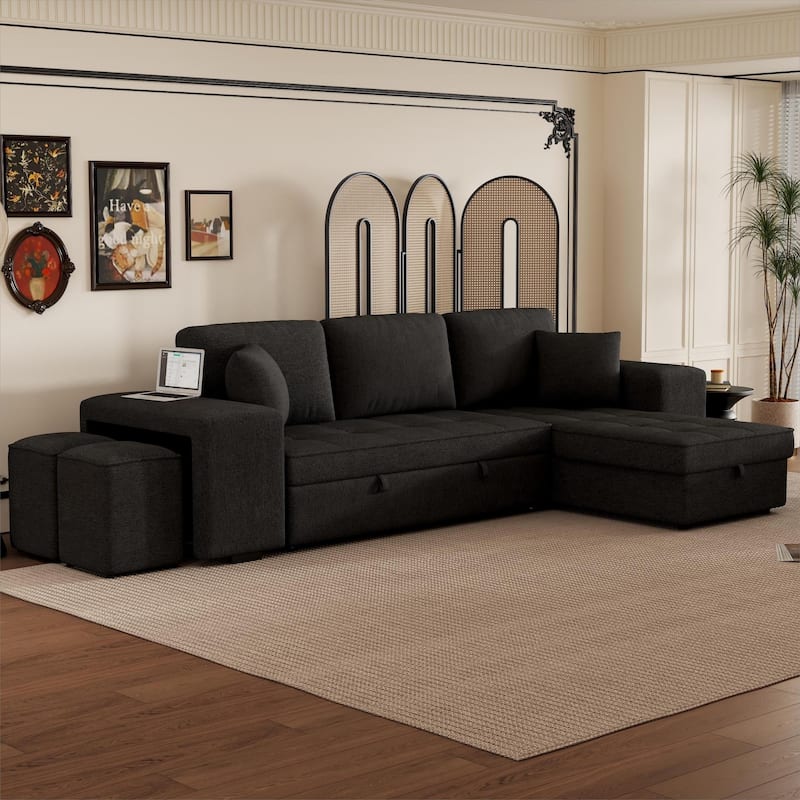 104.5" Chenille L-Shaped Sectional Sofa Bed, 3-Seater