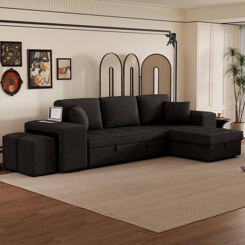 Black 104.5" Charcoal L-Shaped 3-Seat Convertible Sofa with Pull-Out Bed, Storage Chaise, and 2 Stools for Living Room