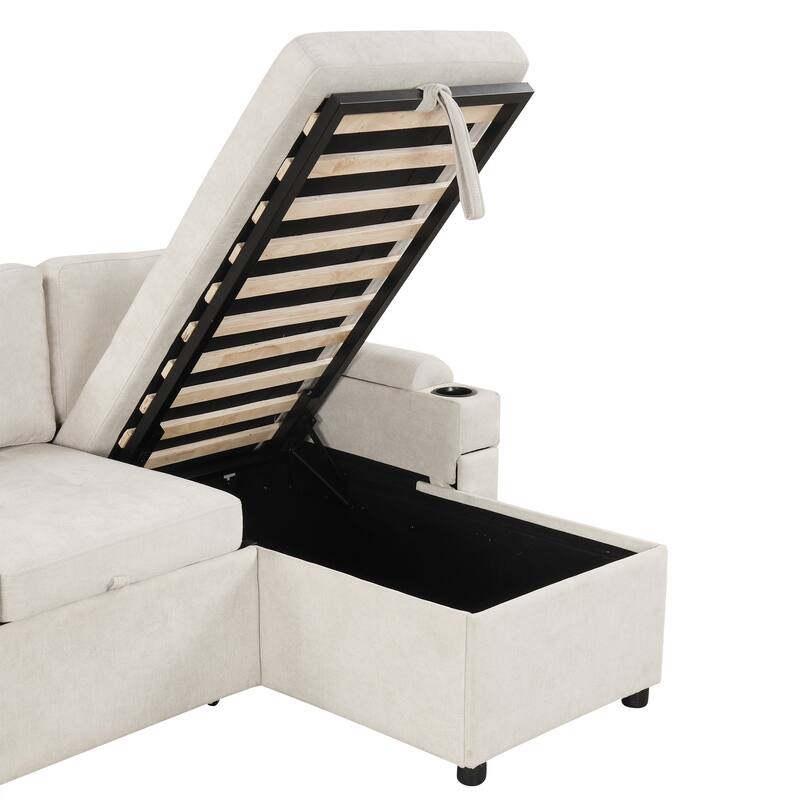 83.5" Chenille L-Shaped Sectional Sofa with Convertible Sofa Bed, Storage Chaise, Cup Holders & USB Ports