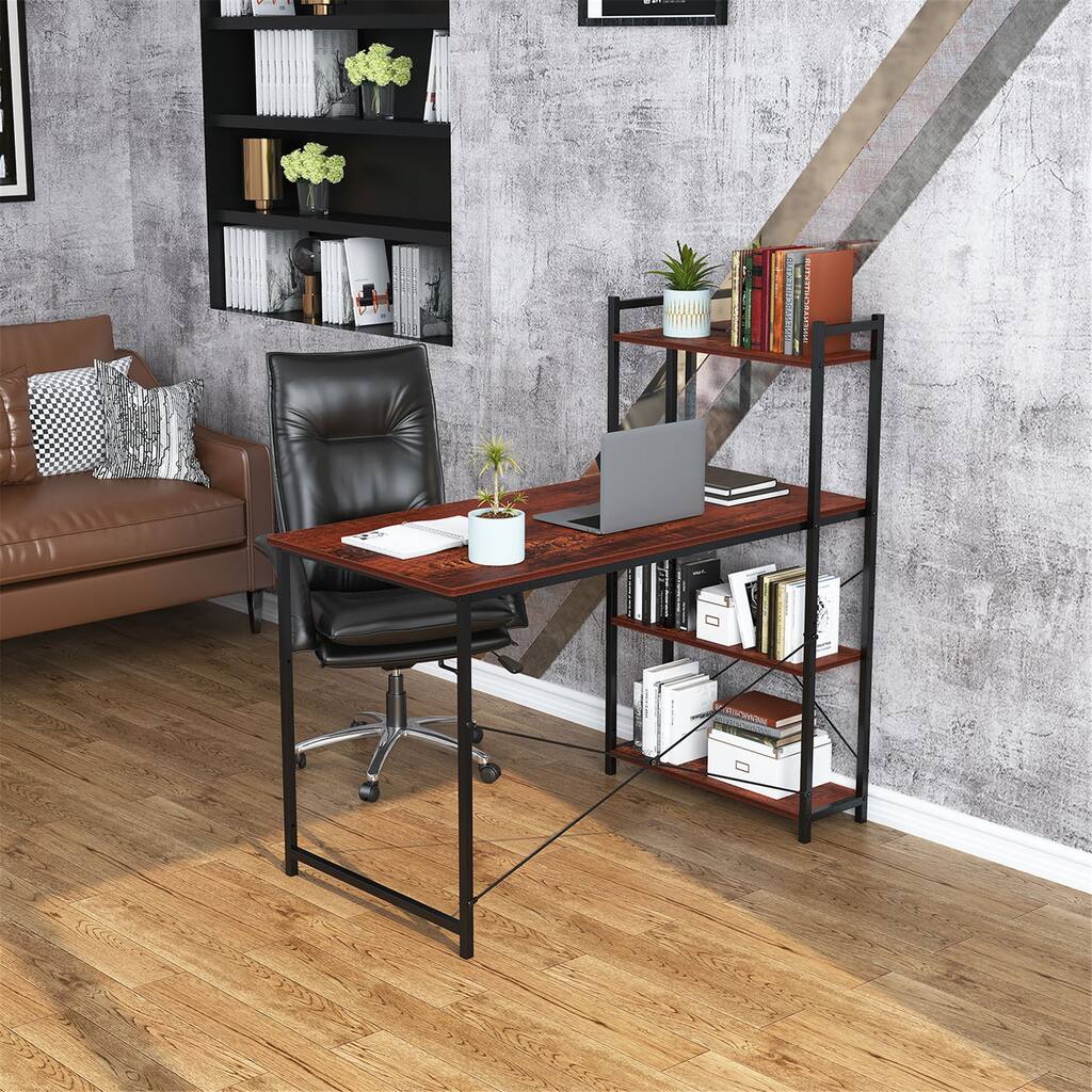 Computer Desk with Storage Shelves-Sandalwood