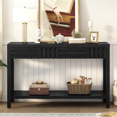 Ash Veneer Console Table with Drawers, Long Entryway Table Accent Table with Open Storage Shelf for Living Room