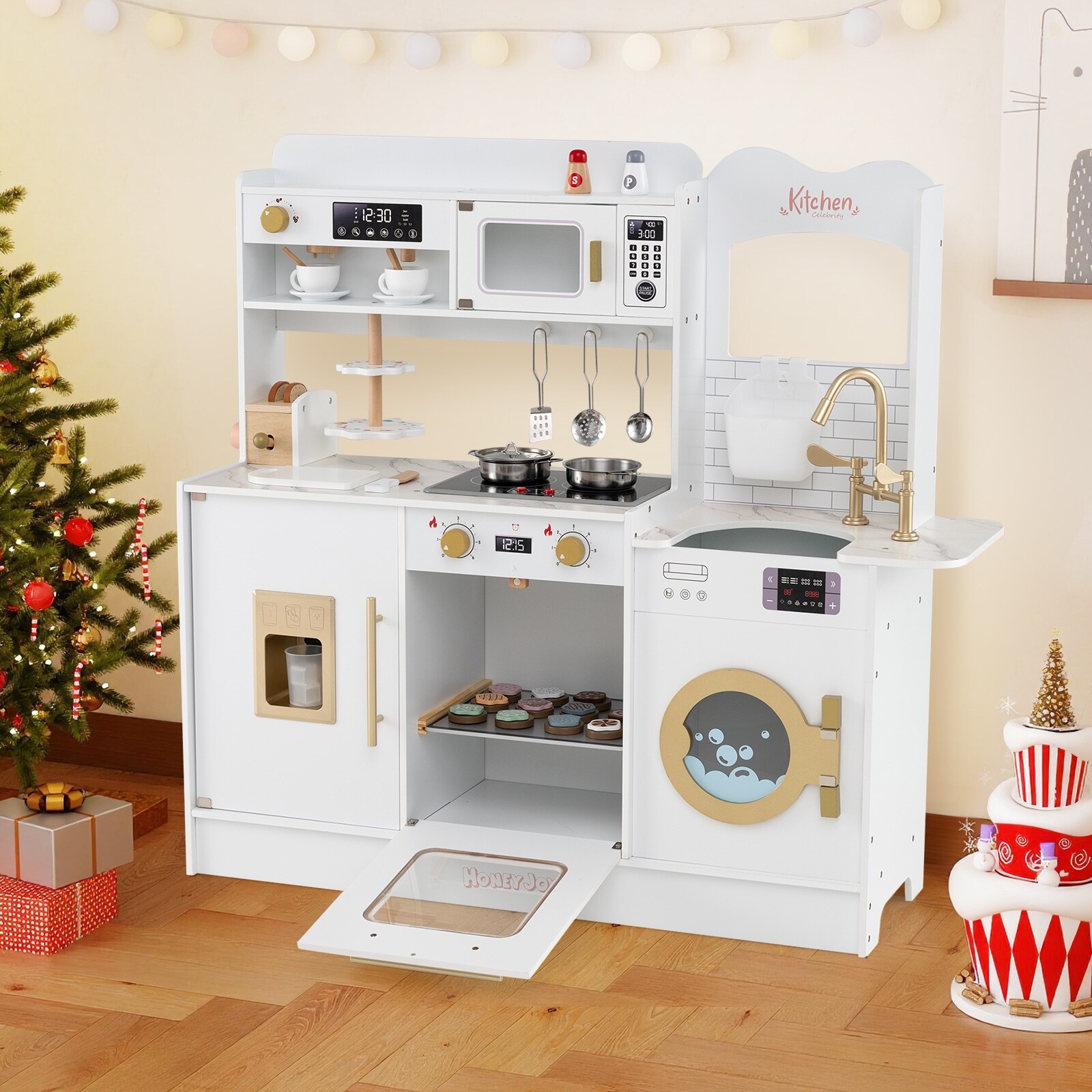 Gymax Play Kitchen for Kids w/ Stoves Light Sound Faucet Microwave