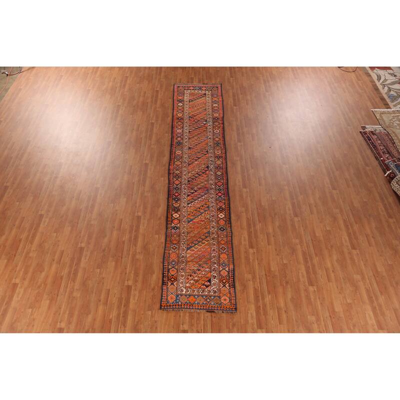 Hand Knotted Oriental 100% Wool Carpet Traditional Geometric Oranges & Rust Lori Runner Rug - 14' 9'' X 2' 10''