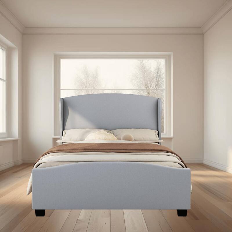 King Size Wingback Linen Upholstered Platform Bed Frame with Headboard, No Box Spring Needed, Bedroom Furniture - Grey - King