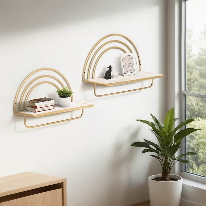 Set of 2 Metal and Wood Rainbow Shaped Shelves Floating Shelves, Mounted Shelves For Storage - 17" x 7" x 20" - 17" x 7" x 20" - White