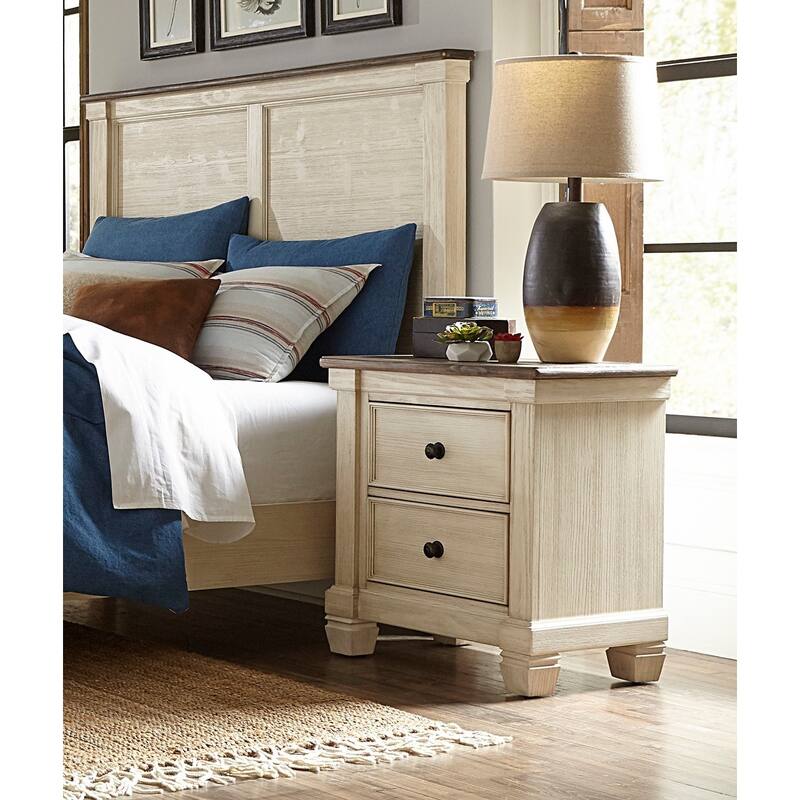 Rustic Style Nightstand，Farmhouse Side Table with 2 Drawers Solid Wood Legs，Compact Wooden Accent Coffee Table - Antique White,Brown Mix