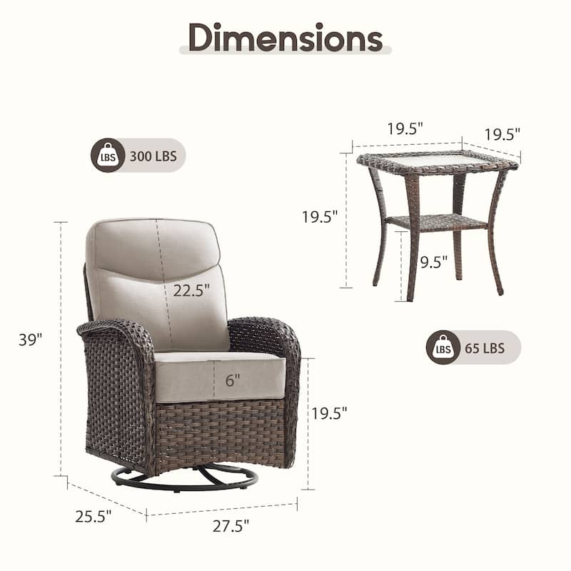 Meyreso 3-Piece Wicker Patio Swivel Glider Chairs with 6-Inch Thick Cushions and Side Table