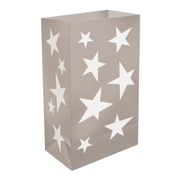 Set of 12 Silver Stars Plastic Luminaria Bags 10” - N/A