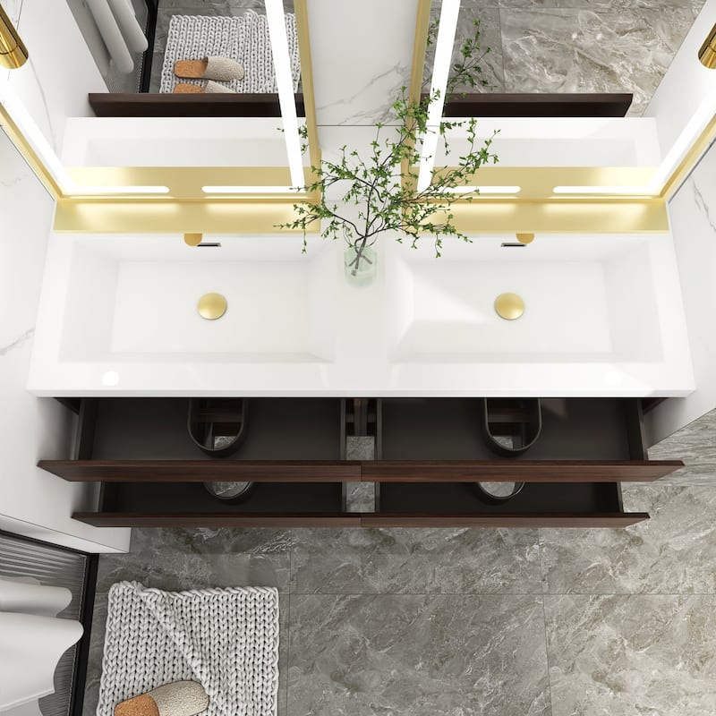 MDF Wall-Mounted Bathroom Vanity Set in Rose Wood with Integrated Culture Marble Sink