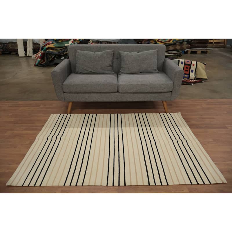 Hand Woven Oriental 100% Wool Carpet Southwestern Modern Beige & Ivories Kilim Area Rug - 5' 10'' X 4' 2''