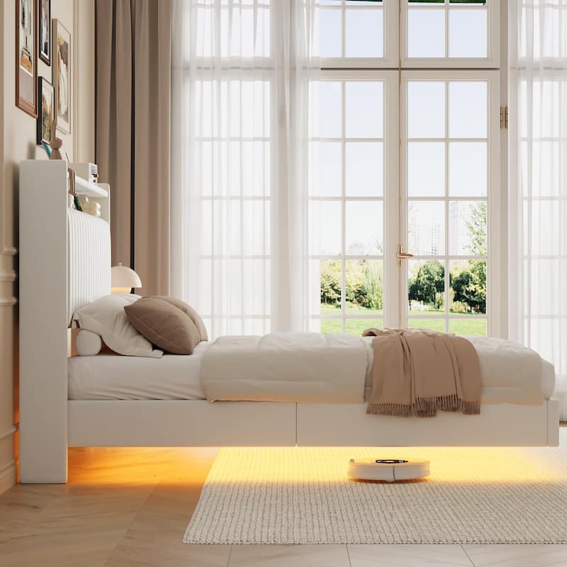 Full/Queen Size Floating Bed Frame with LED Lights, Charging Station, Leather Upholstered Headboard With Storage