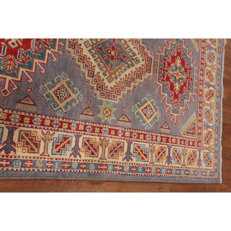 Grey Geometric Kazak Area Rug Handmade Oriental Wool Carpet - 4'1" x 6'2"