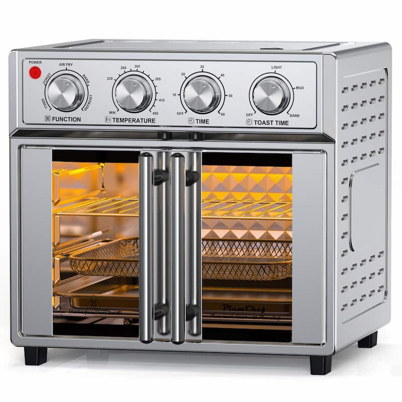 PlumChef 26QT Extra-Large French Double-Door Air Fryer Convection Toaster Oven, 1700W, 7 Preset Menus, 7-in-1 Multi-Function - Silver