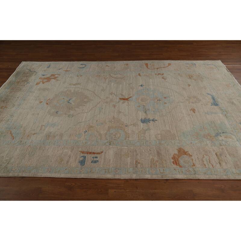 Hand Knotted Oriental 100% Wool Carpet Transitional All-Over Beige & Ivories Oushak Area Rug - 8' 10'' X 6' 2''