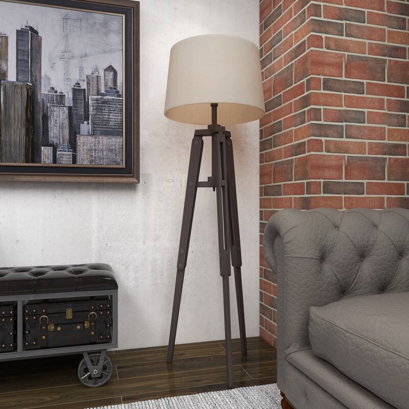 Black Wood Tripod Room Floor Lamp with Cream Linen Shade