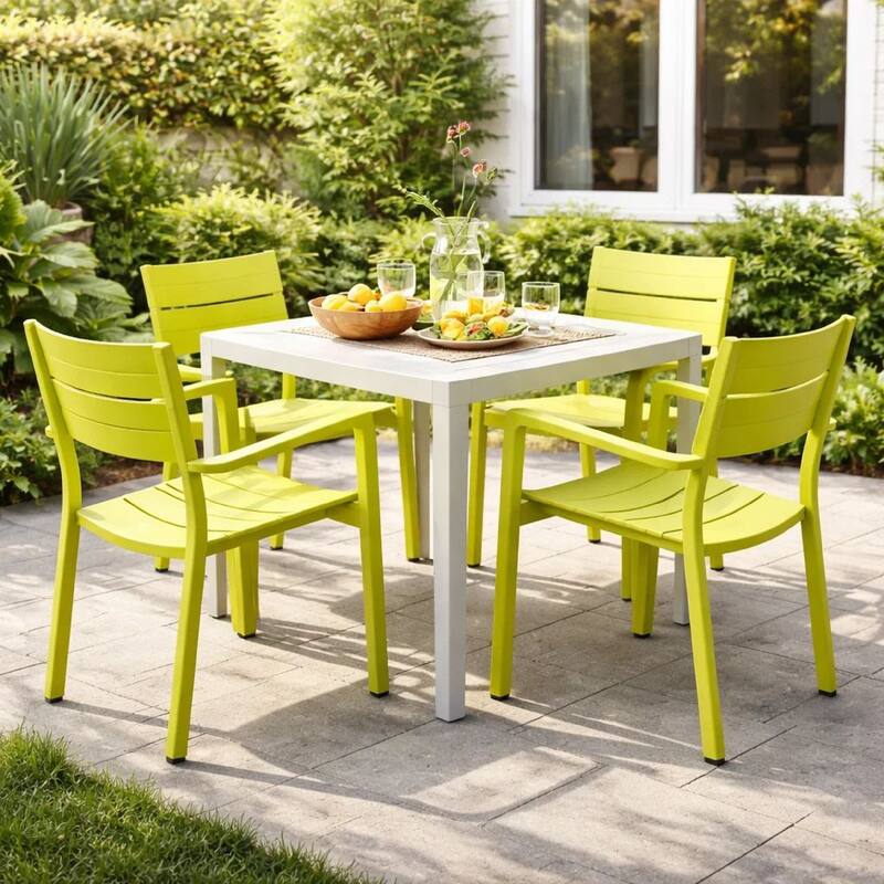 Meta 22 Inch 6 Piece Dining Chair Set, Green Aluminum Frame, Stackable