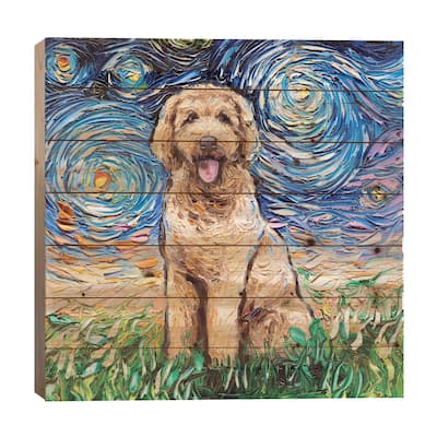 Goldendoodle Night Print On Wood by Aja Trier - Multi-Color
