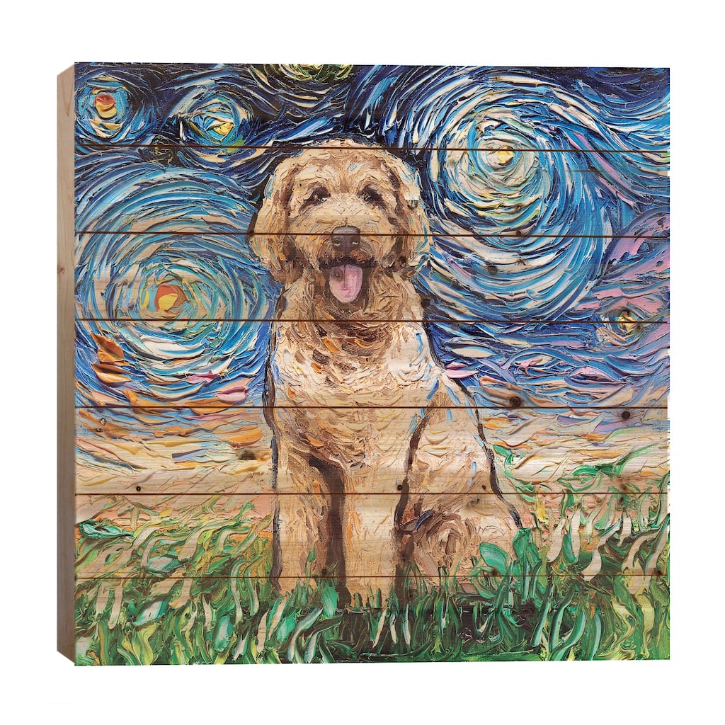 Goldendoodle Night Print On Wood by Aja Trier - Multi-Color
