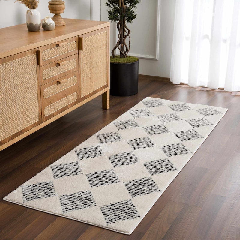 Hauteloom Azana Living Room, Bedroom Area Rug - Farmhouse - High Pile - Bone,Black - 5'3" x 7' - 2'8" x 7'3" - Cream, Black White / Fauci