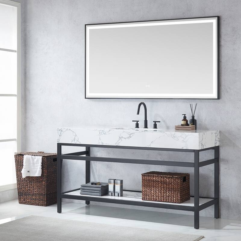 Ecija Bath Vanity, Metal Support with Composite Stone Top and Mirror
