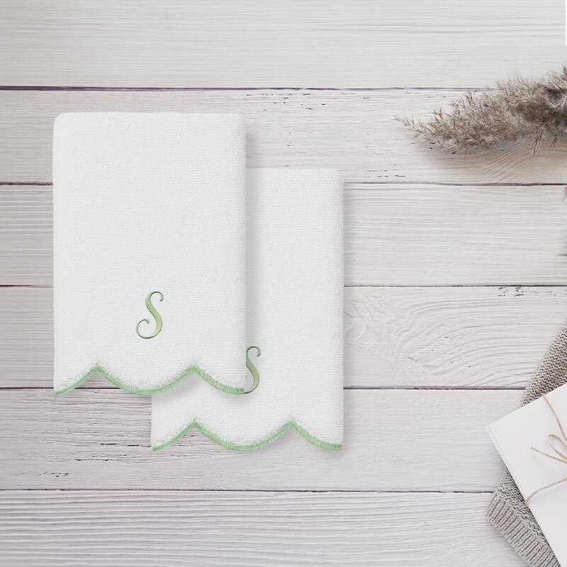 Authentic Hotel and Spa 100% Turkish Cotton Green ADORNIA Scallop Personalized 2 Piece Fingertip Towel Set - 2 Fingertip Towels