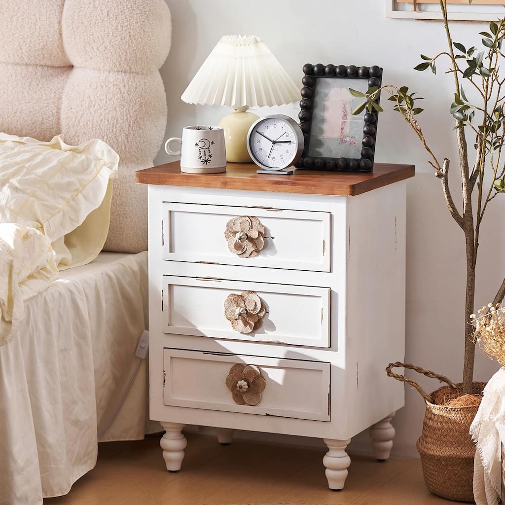 19" Rustic Nightstand with 3 Drawers & Gourd Legs