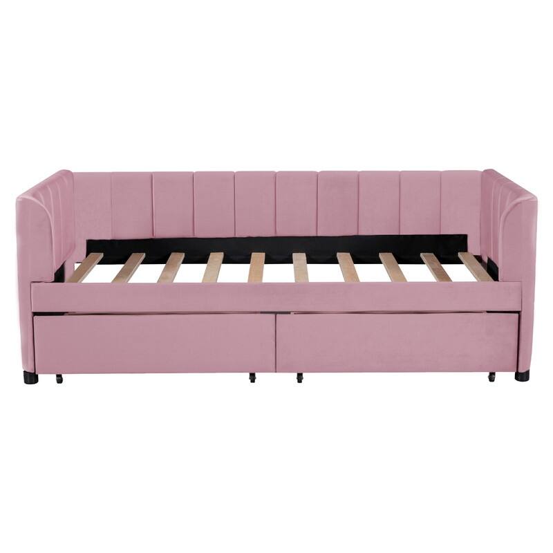 Velvet Upholstered Daybed with Ergonomic Design Backrest and 2 Drawers,Twin Size