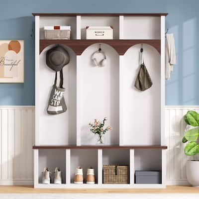 Farmhouse Hall Tree with Storage Bench & Shoe Cabinet, Arched Entryway Organizer with 5 Hooks and 7 Cubbies, Walnut Finish