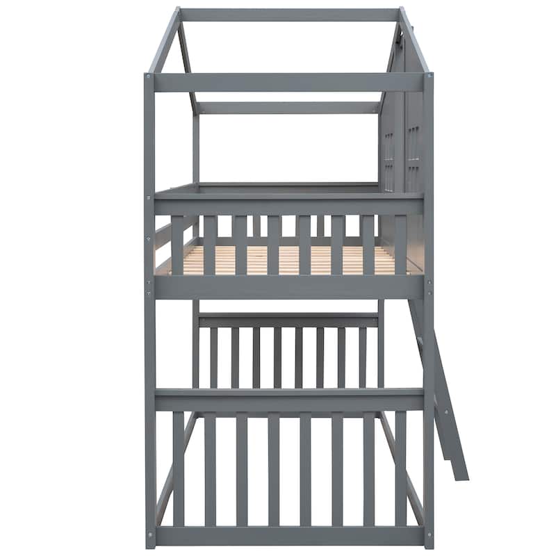 Twin Over Twin House Bunk Bed With Ladder, Wood Bed-Espresso