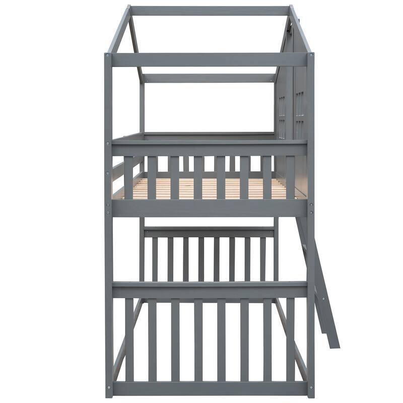 Twin Over Twin Wooden House Bunk Bed with Ladder, Gray Finish - No Box Spring Needed