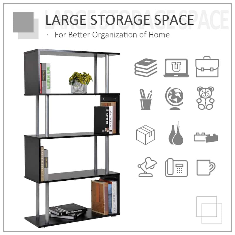 HomCom Modern S-Shaped 5 Tier Room Dividing Bookcase Wooden Storage Display Stand Shelf - Black - 11.75*31.5*57.25