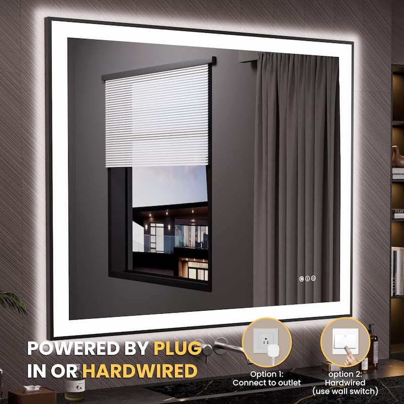 48x40 Inch Frameless LED Bathroom Mirror Smart Dimmable Anti Fog Tempered Glass White