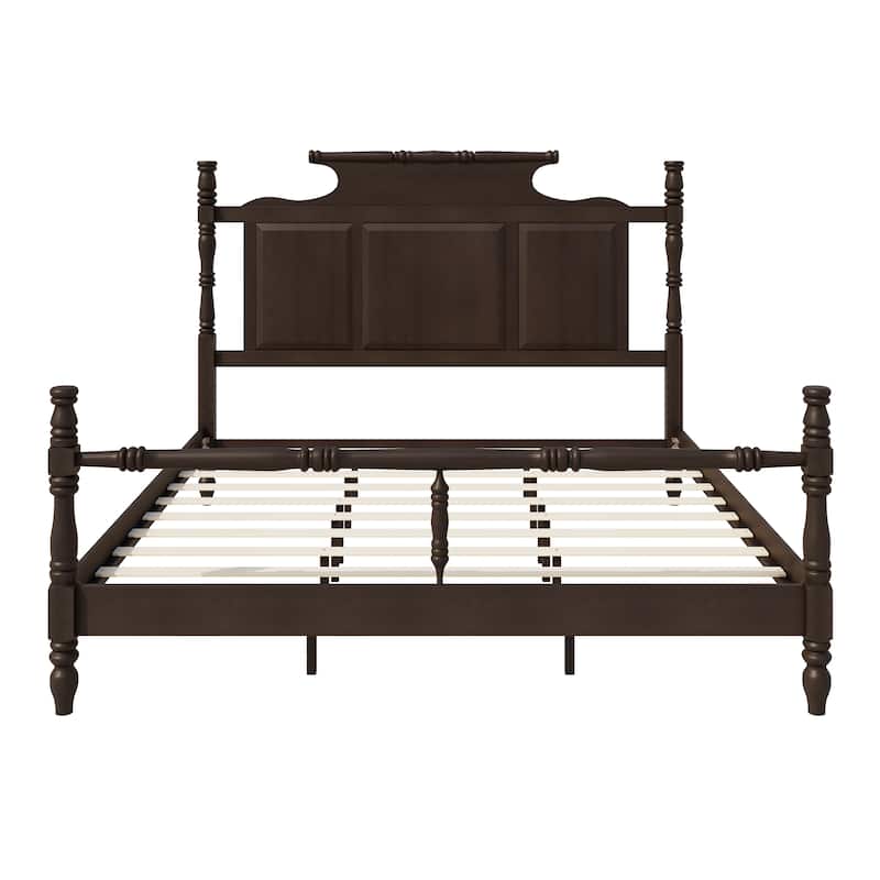 Vintage Country Style Wood Four Poster Platform Bed with 56.9" High Crown-like Headboard