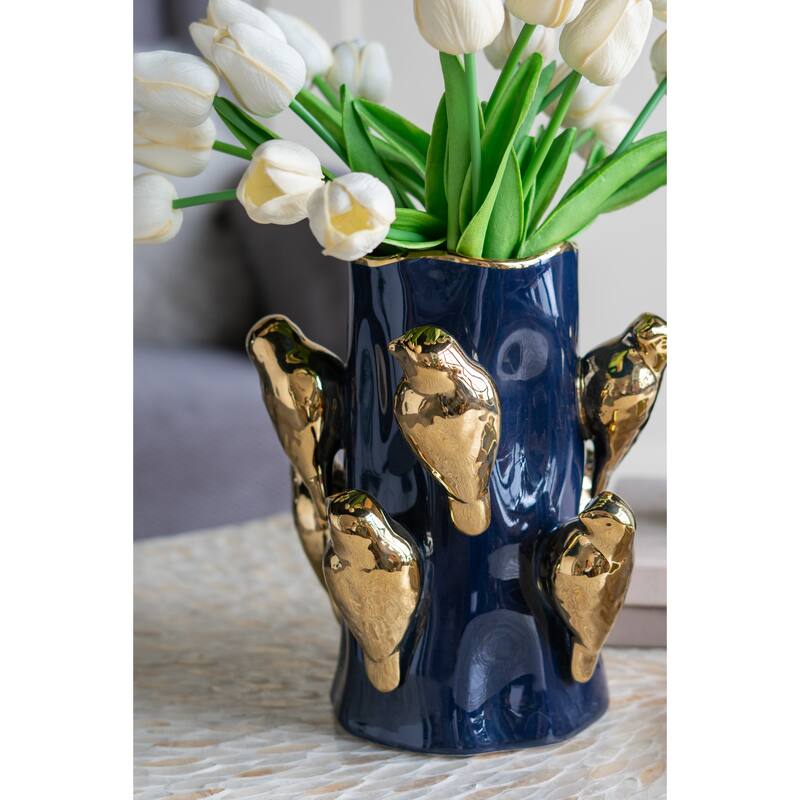 8.7x8.7x9.5" Blue Ceramic Tree Branch Vase with Gold Bird Accents