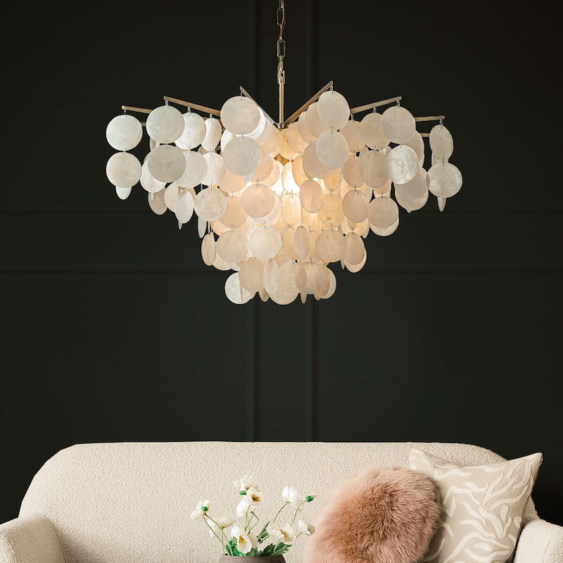 Cone Shape Tier Coastal Capiz Shells Chandelier With Antique Gold Metal